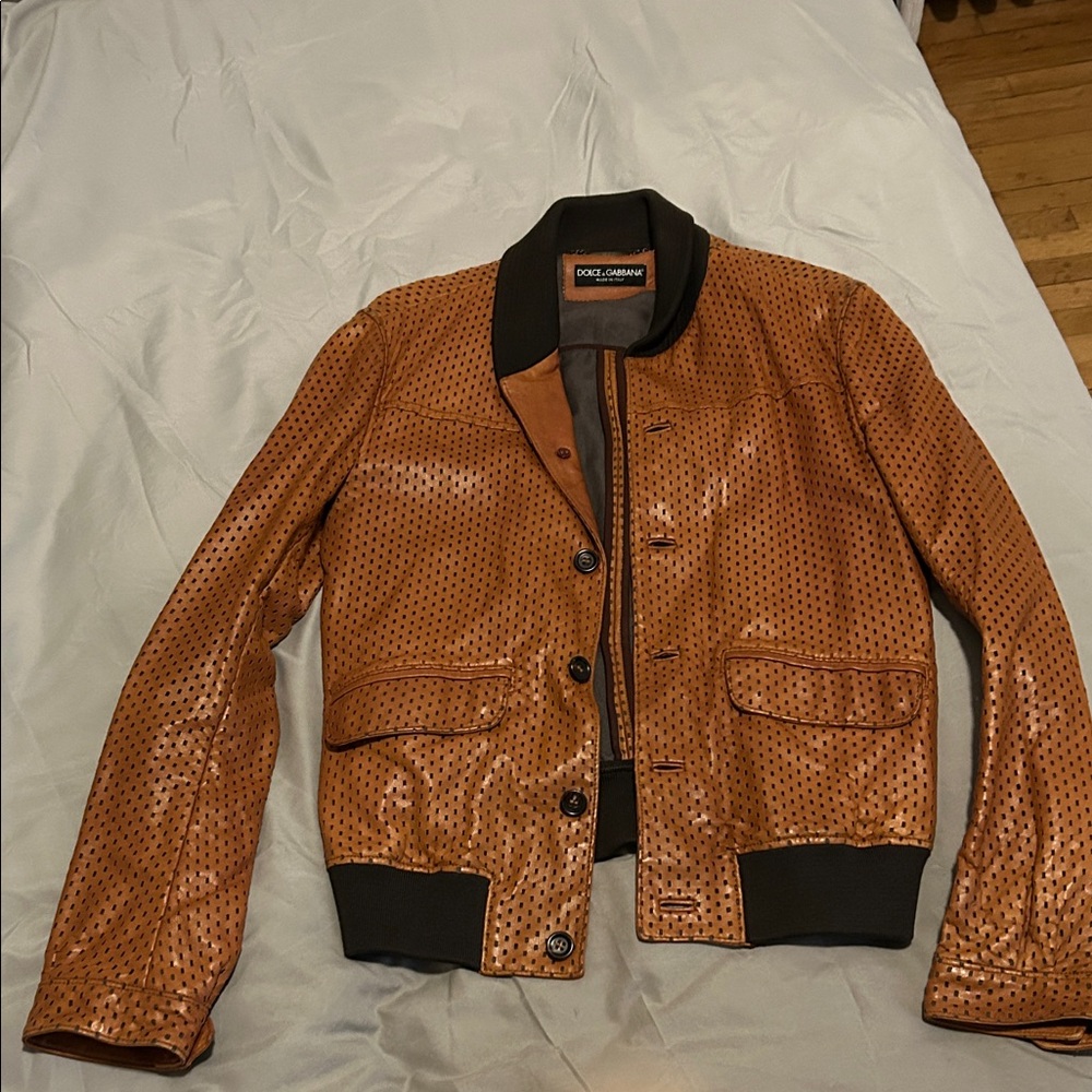 Dolce & Gabbana Men's Tan Perforated Leather Bomber Jacket